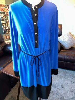Calvin Klein Royal Blue and Black Long Sleeve Tunic buttons Dress with belt S-L